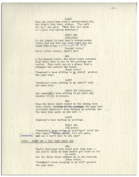 Moe Howard's 11pp. Script for ''The New Three Stooges'' Episode ''Goldibear and the Three Stooges'', Circa 1965 -- Annotated by Moe With His Signatures -- 8.5'' x 11'' Loose Pages, Near Fine